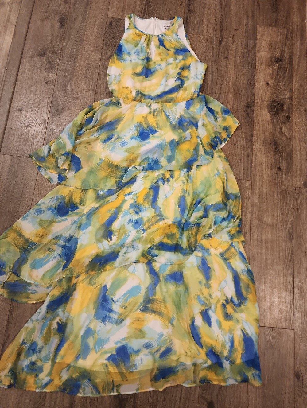 Tahari Tiered Ruffle Yellow Blue Brushstroke Maxi Dress Watercolor Floral Sz 4